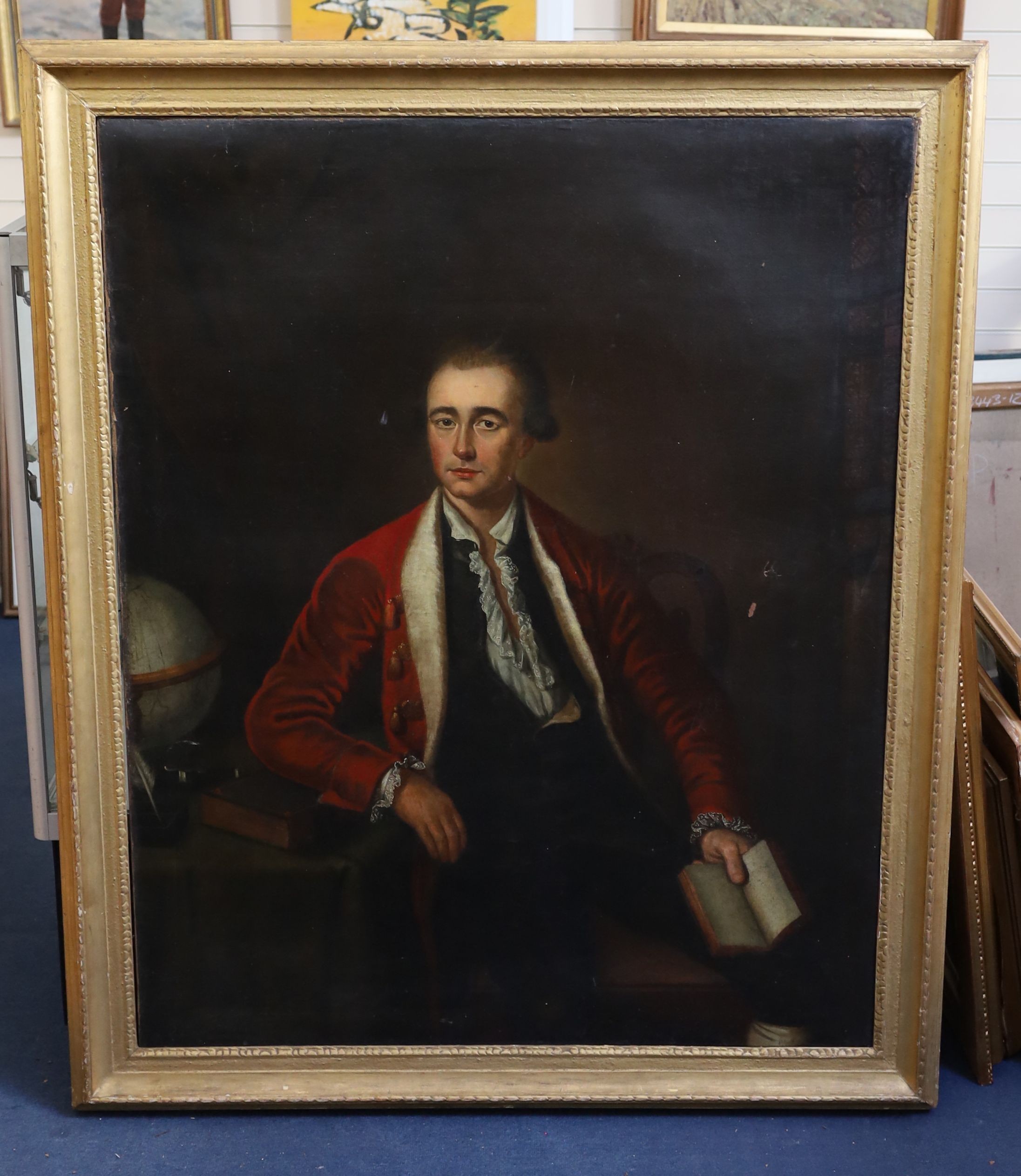 English School c.1770 , Three quarter length portraits of Mr and Mrs Peel, he seated at a table with a globe, she in a landscape holding citern, pair of oils on canvas, 125 x 100cm